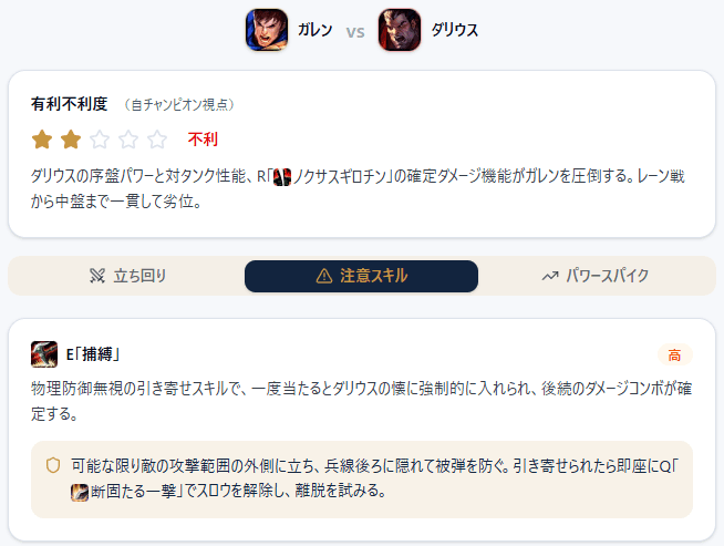 Metaたろうのアプリ画面 - マッチアップ分析結果